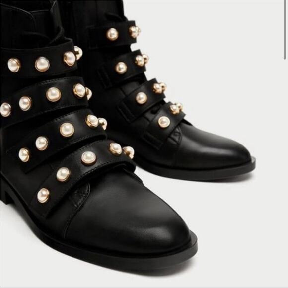 Zara Pearl Strap Black Leather Combat Ankle Boots Size 6 - Picture 5 of 16